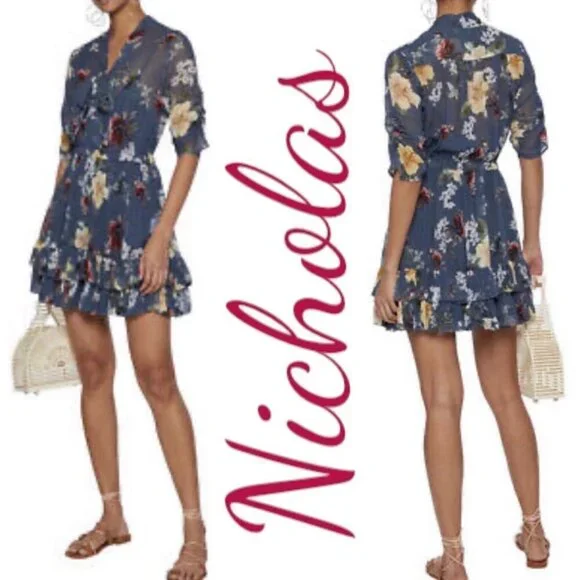 NWT NICHOLAS 100% Silk Floral Ruffled Mini Dress,‎ Size 8 - Picture 12 of 12